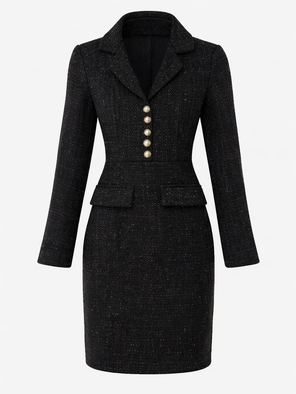Classy Pinup Retro Black Boucle Button Dress S